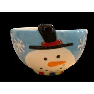 Christmas Frosty the Snowman Ceramic Bowl Blue White Snowflakes